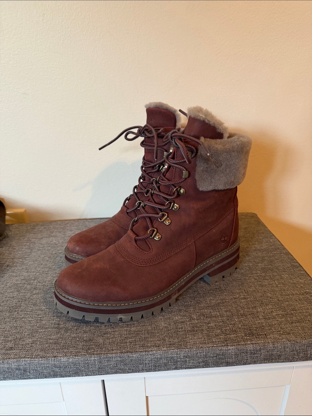 Timberland Burgundy Lace-Up Winter Boot with Faux Fur Collar